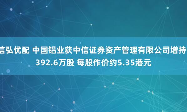 信弘优配 中国铝业获中信证券资产管理有限公司增持1392.6万股 每股作价约5.35港元